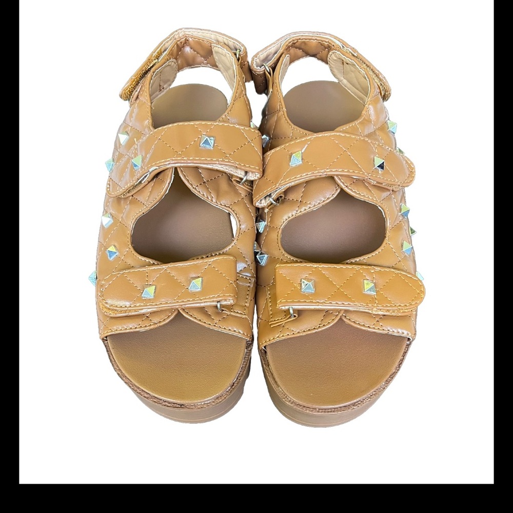 Women Tan espadrille rhombic rivets outdoor summer platform sandals/TAN/US 9